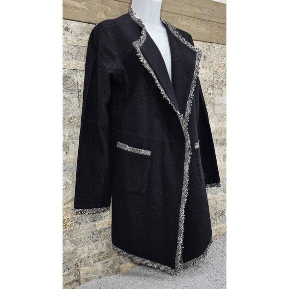 Karl Lagerfeld Womens Cardigan Wool Blend Pockets Tweed Fringe Black Old Money S - Picture 8 of 12